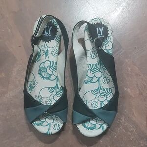Fly London Women's Black and Teal Peep Toe Sandals